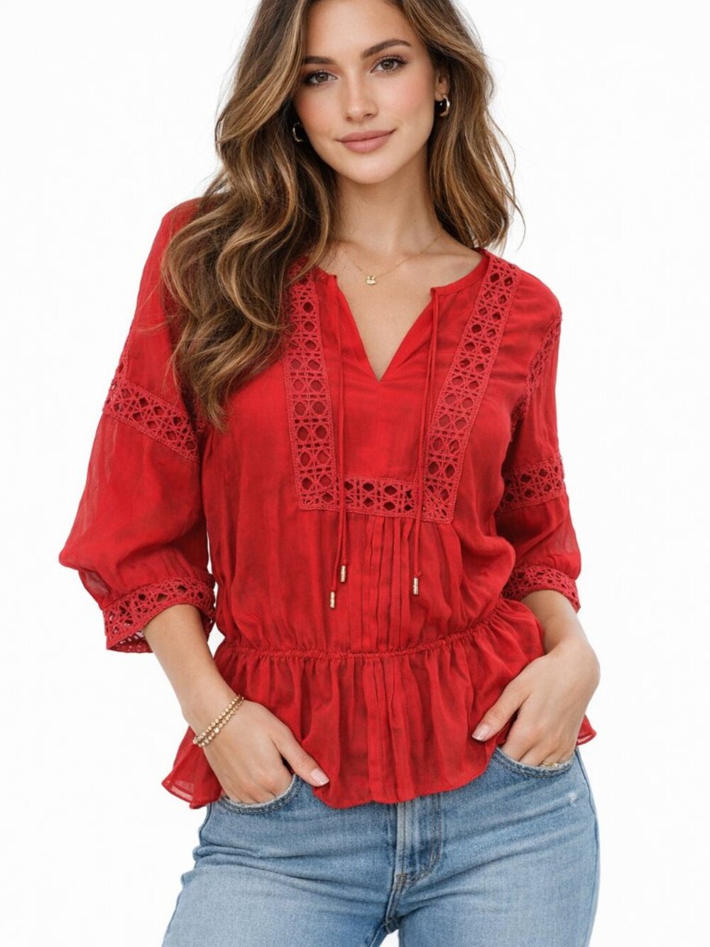 Daniel Rainn Blouse Women Small Red Embroidered Boho Peasant V-Neck Stitch Fix